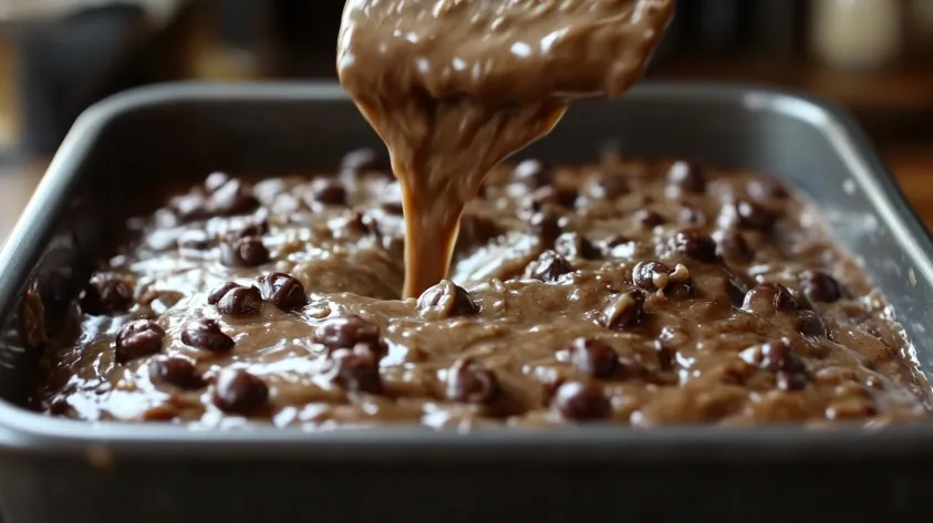 Banana bread batter in a loaf pan, prepared for baking in the oven.