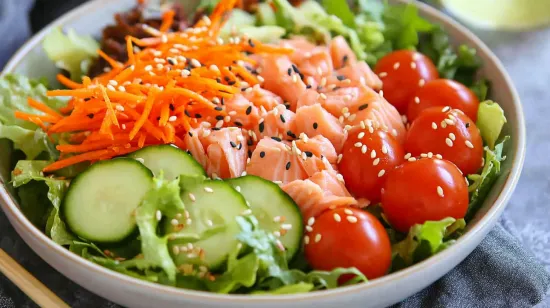 Low-carb smoked salmon poke bowl with mixed greens and vegetables.