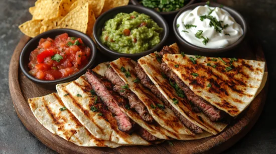 Quesadillas with salsa, guacamole, and chips.