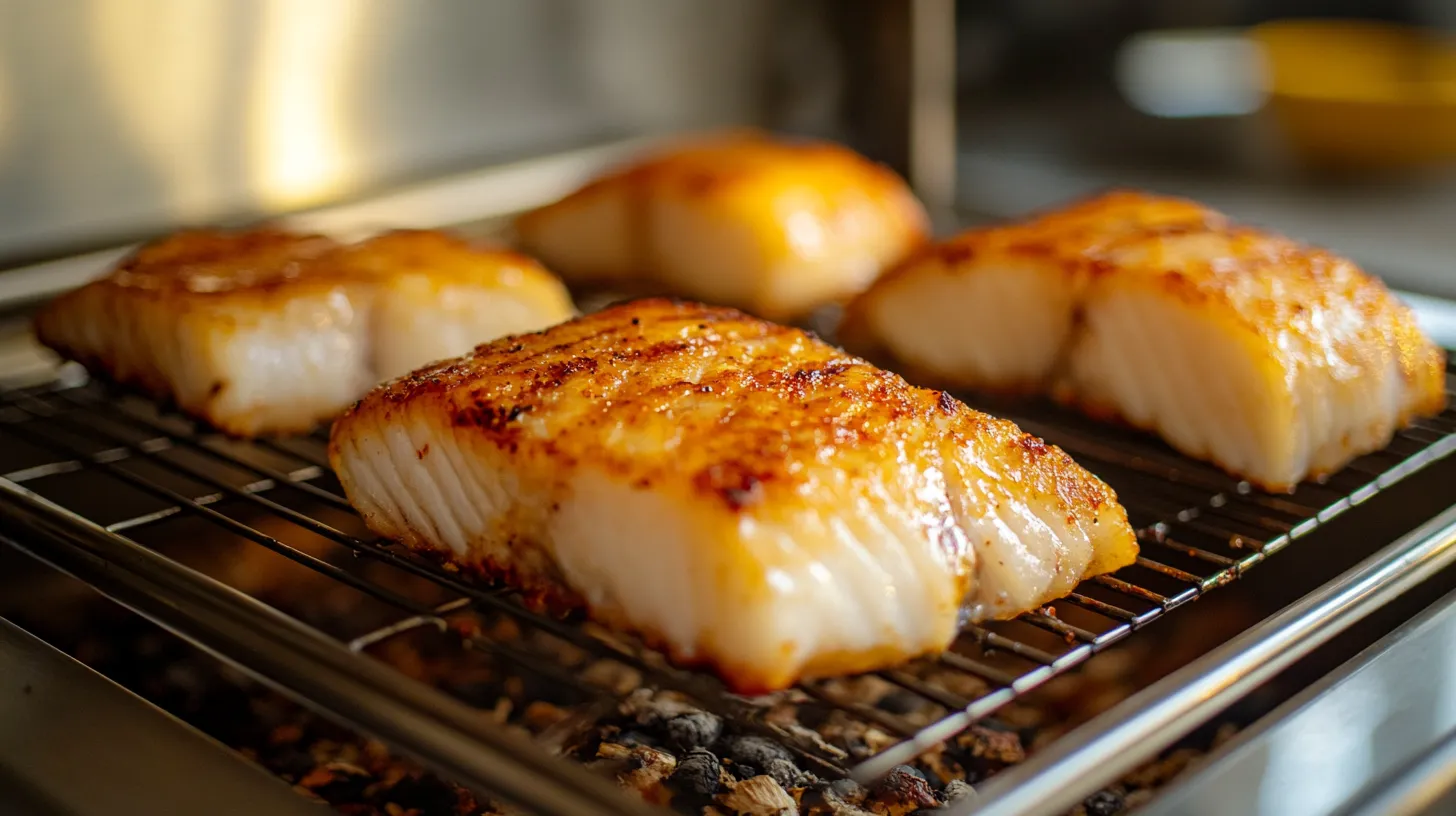 Smoked fish fillets on a rack in a smoker with wood chips.