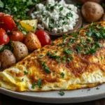 A Greek omelette served with Greek salad, roasted potatoes, and pita bread, garnished with fresh parsley.