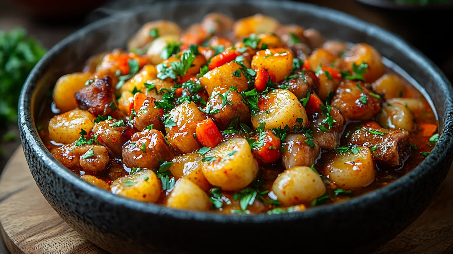 A steaming bowl of oxtail soup with carrots, potatoes, and parsley served on a rustic table.