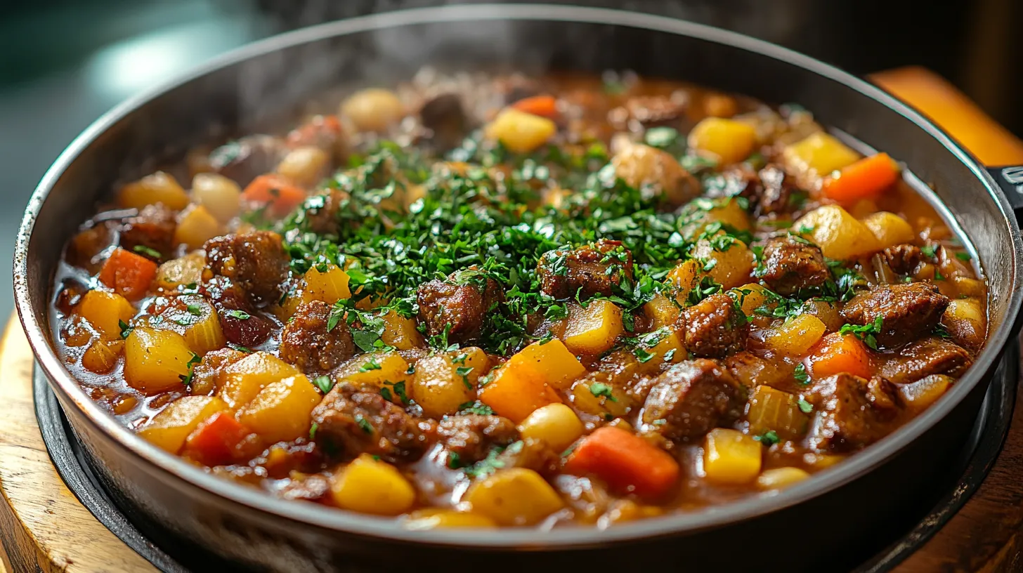 Simmering pot of oxtail stew seasoned to perfection with spices.