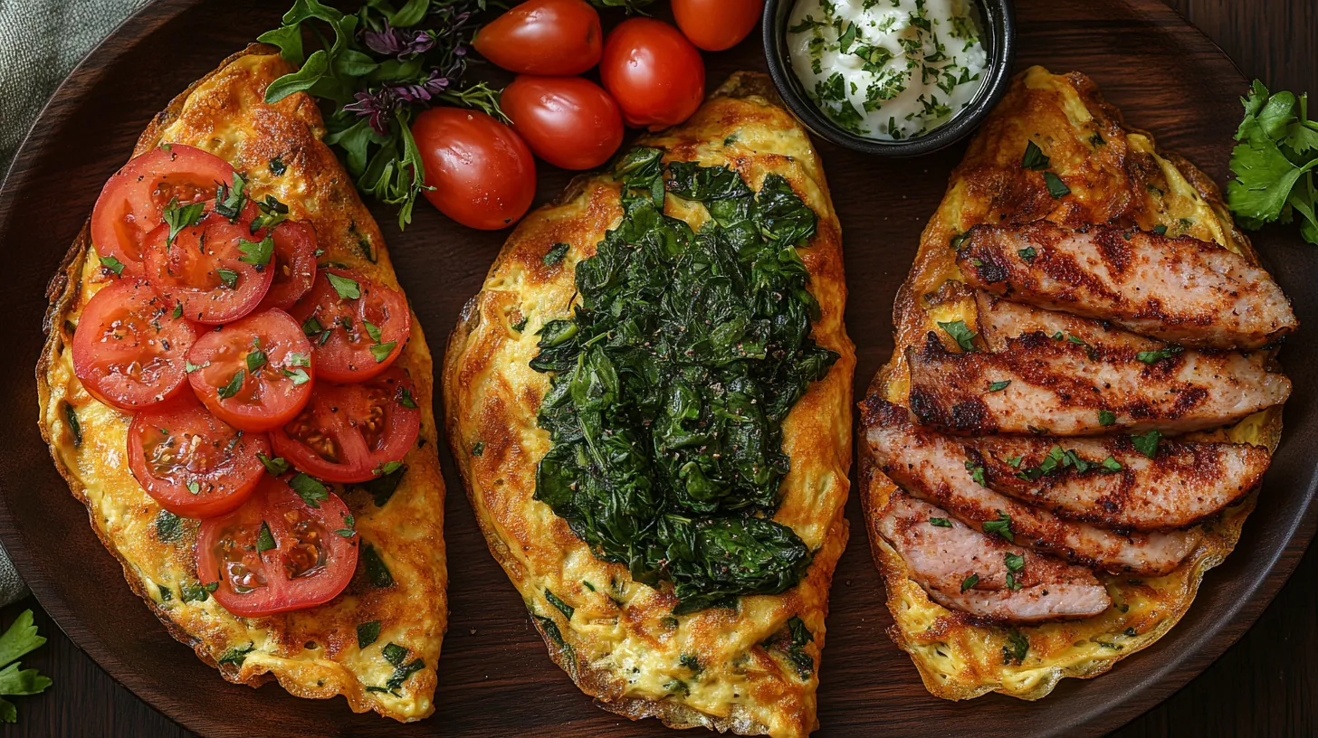 Different variations of Greek omelettes, including vegetarian, low-calorie, and meat-lover versions, displayed on wooden plates.