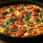 A golden-brown Italian frittata in a cast iron skillet with vibrant vegetables and melted cheese.