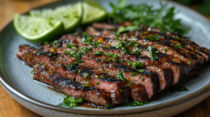 Grilled carne asada slices being served on a plate.