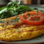 A freshly made Popeye omelette garnished with extra spinach and parsley.