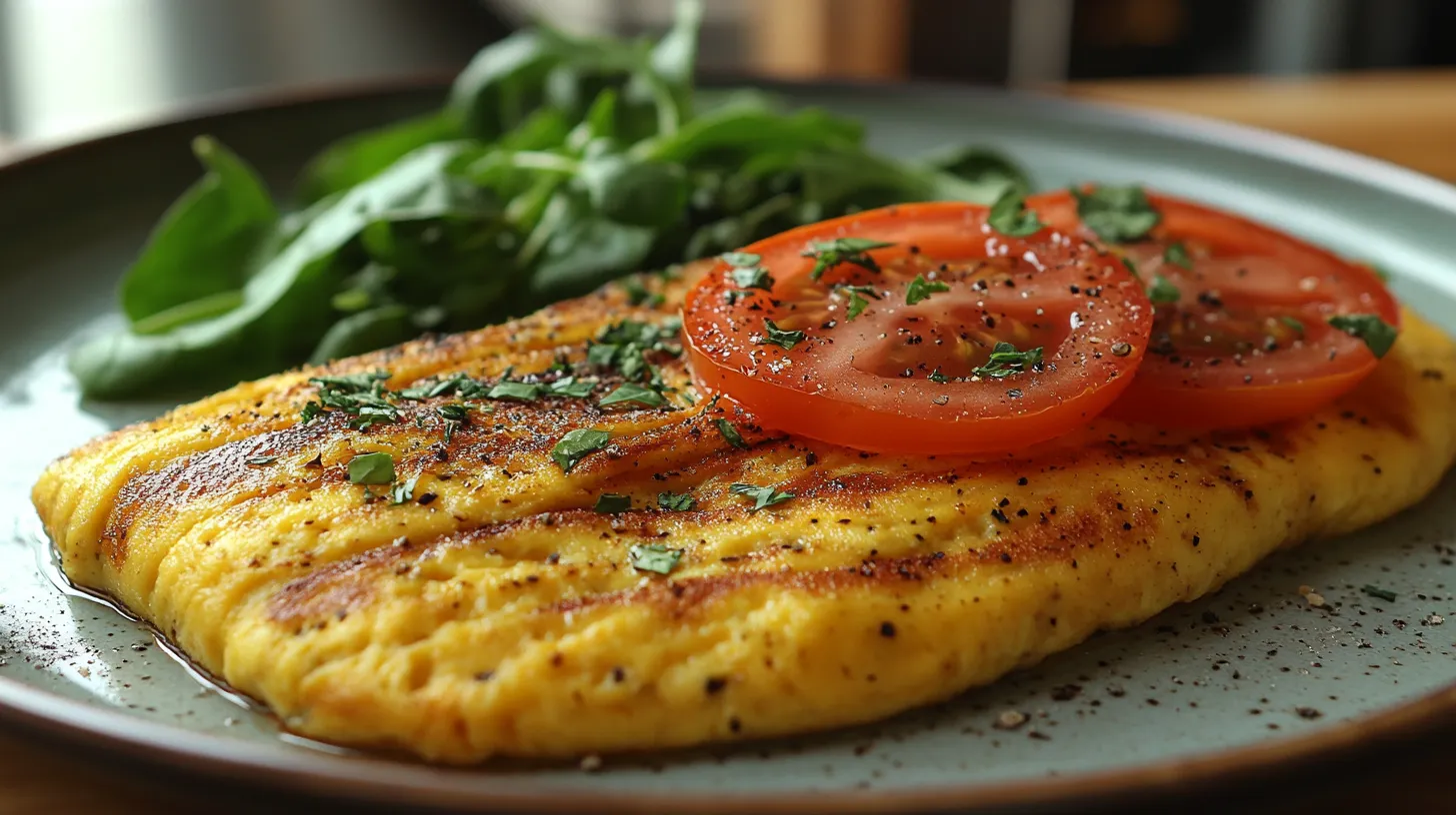 A freshly made Popeye omelette garnished with extra spinach and parsley.