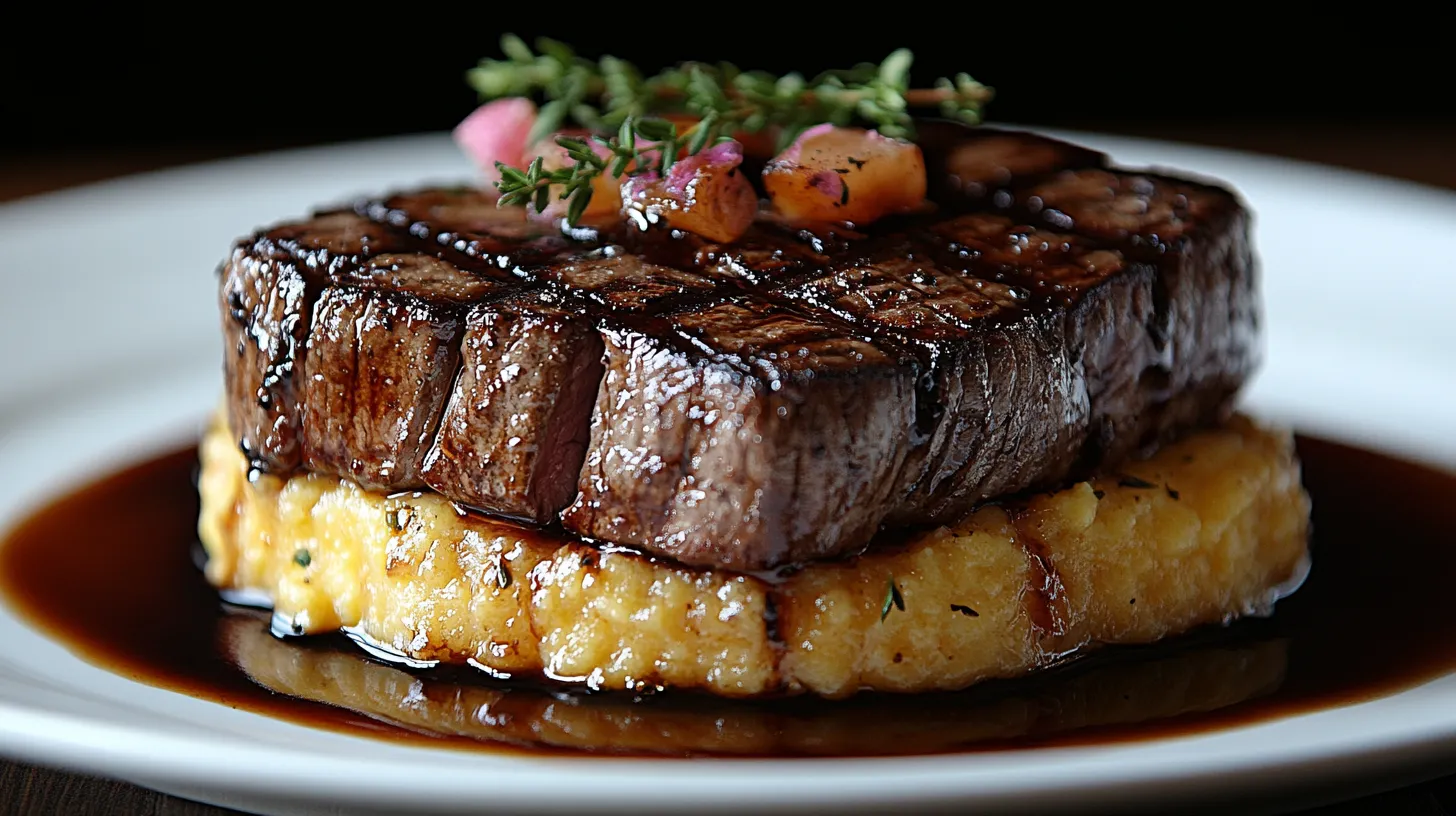 Gourmet chopped steak served with polenta and a balsamic glaze, garnished with fresh thyme on an elegant table setting.