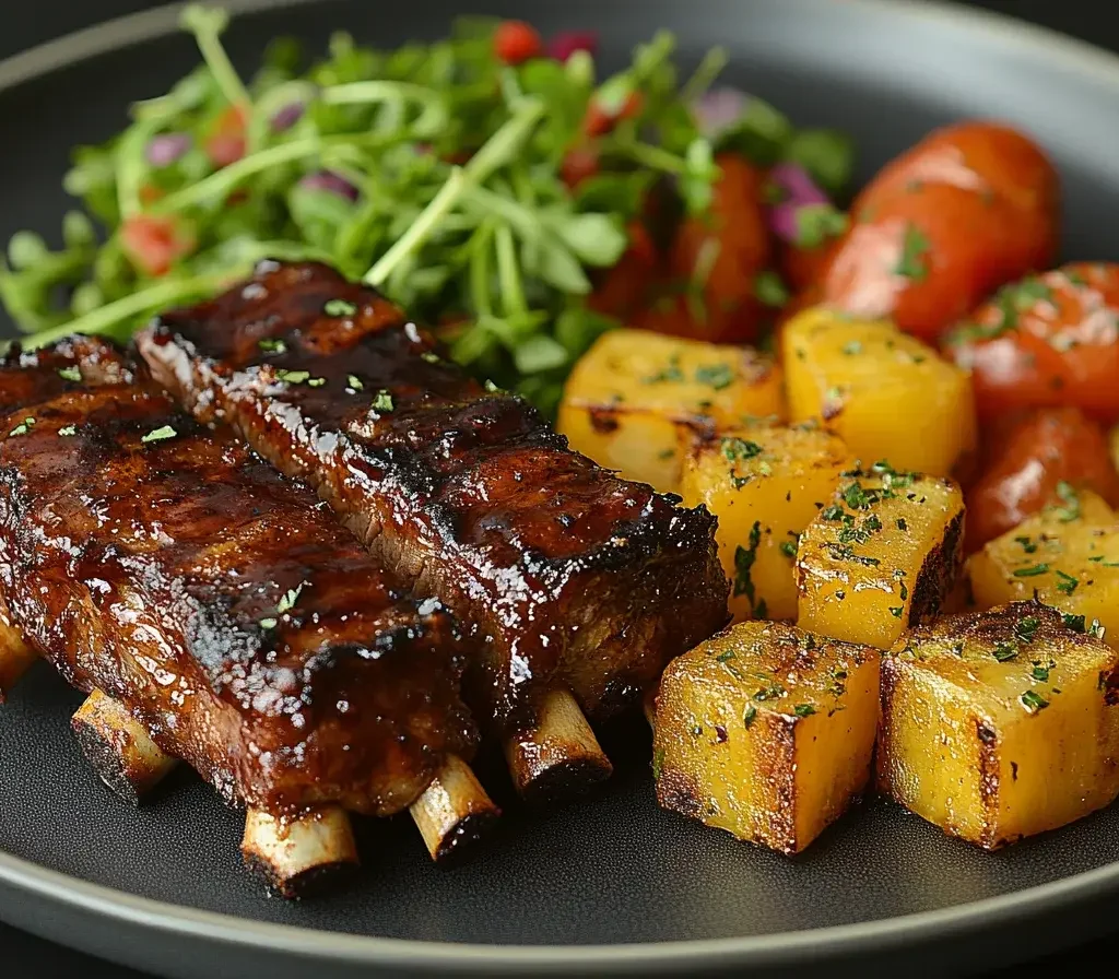 A complete meal of short ribs and boneless beef ribs