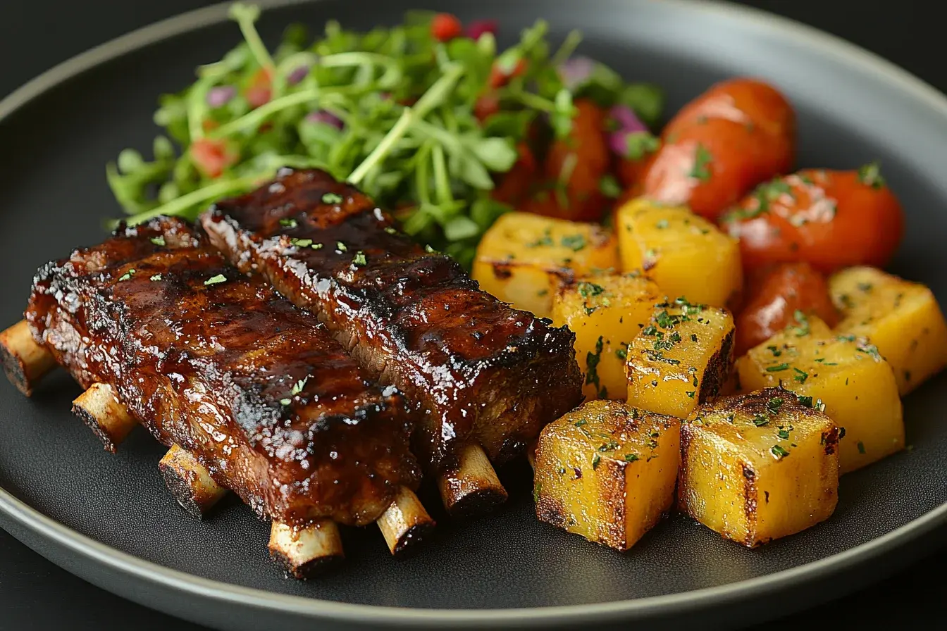 A complete meal of short ribs and boneless beef ribs