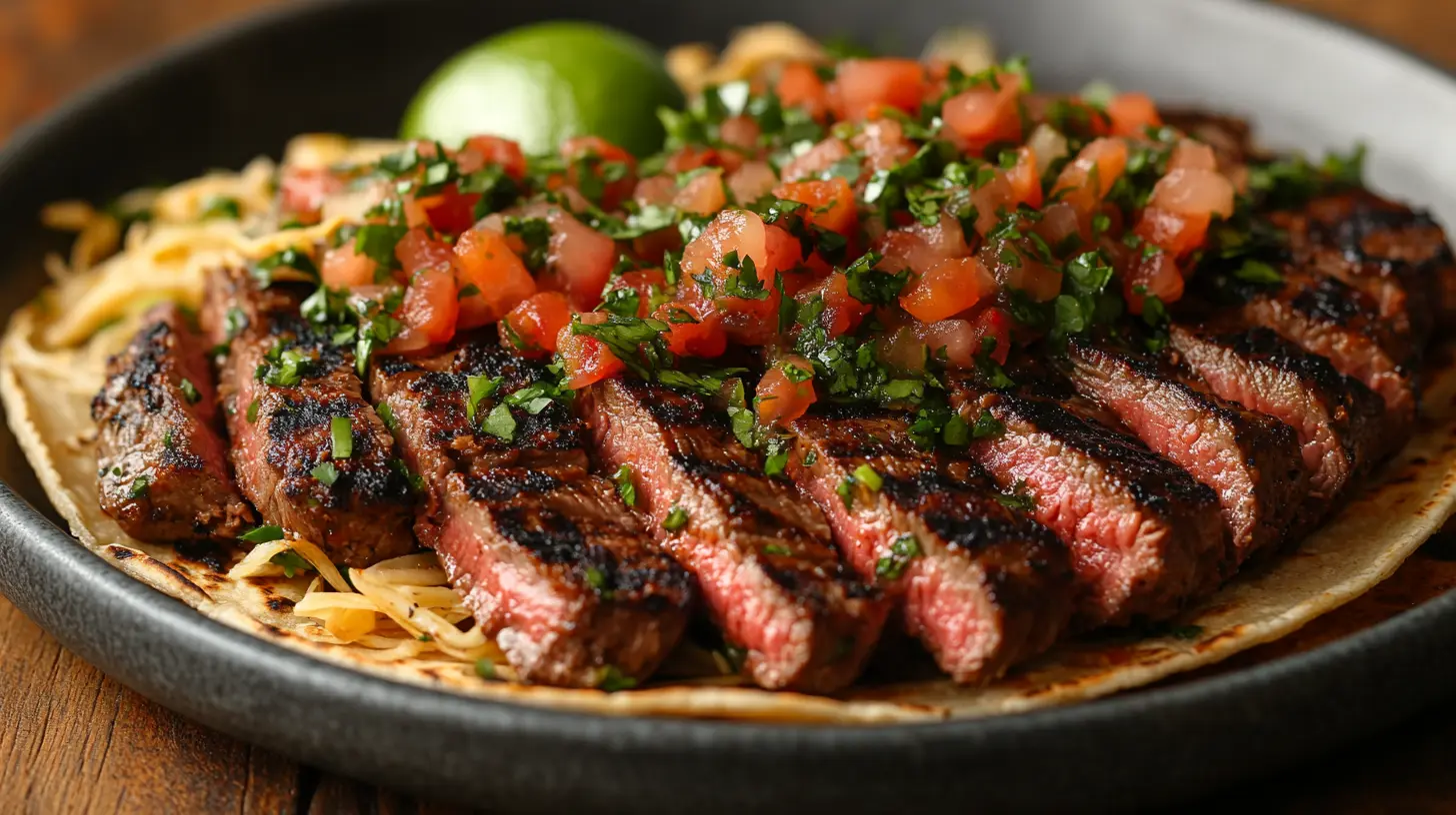 A plate of chipotle steak tacos with colorful toppings.