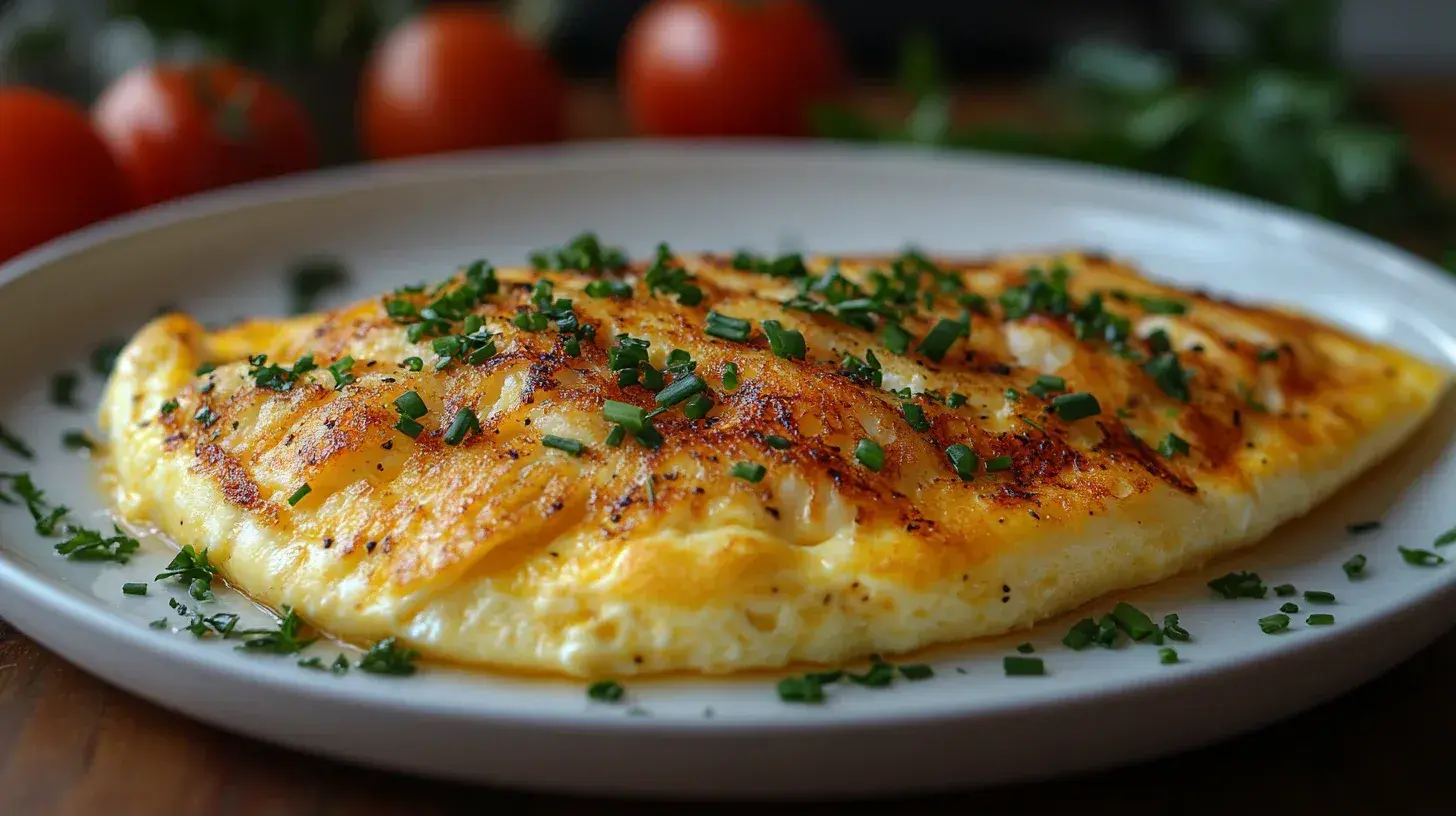 Crab omelette served on a plate with fresh herbs.