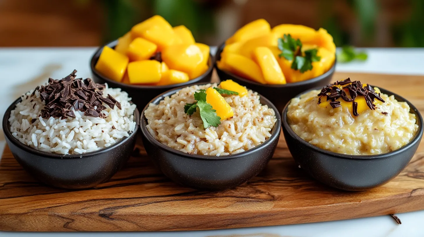 Four variations of sweet rice served in small bowls with unique garnishes.