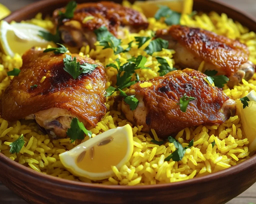 Golden chicken and yellow rice garnished with parsley and lemon.