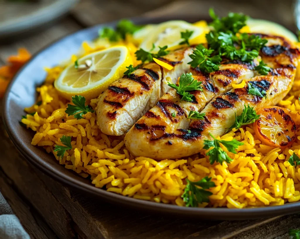 Vibrant yellow rice with grilled chicken and parsley