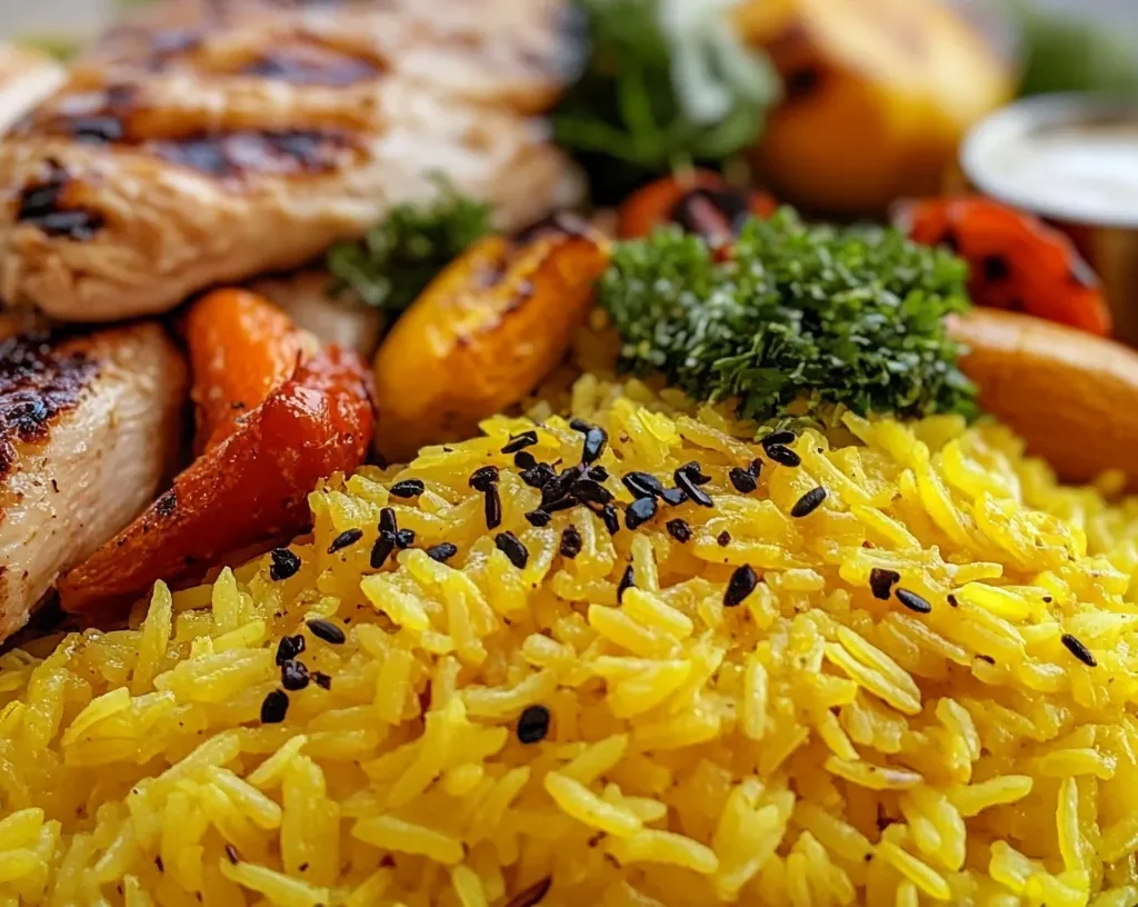 Yellow rice with grilled chicken and roasted vegetables on a decorative table.