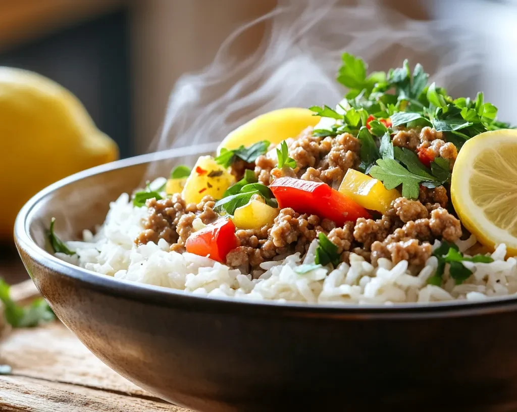 A steaming bowl of ground turkey and rice garnished with fresh herbs and vegetables.