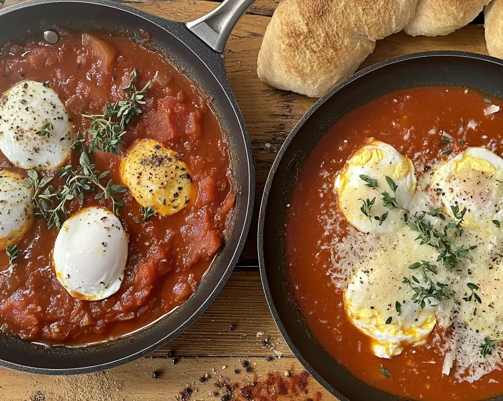 Eggs in purgatory and shakshuka in skillets on a wooden table.