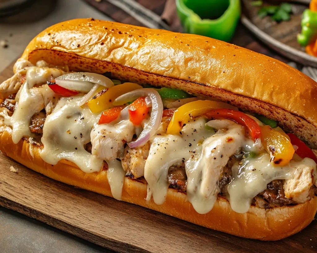 Freshly made chicken cheesesteak sandwich with cheese and veggies.