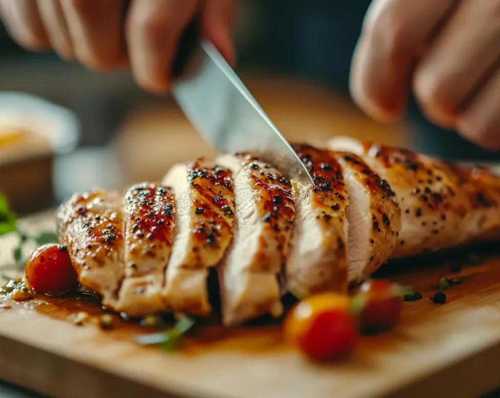 Thinly sliced chicken breast being prepared for cheesesteak.