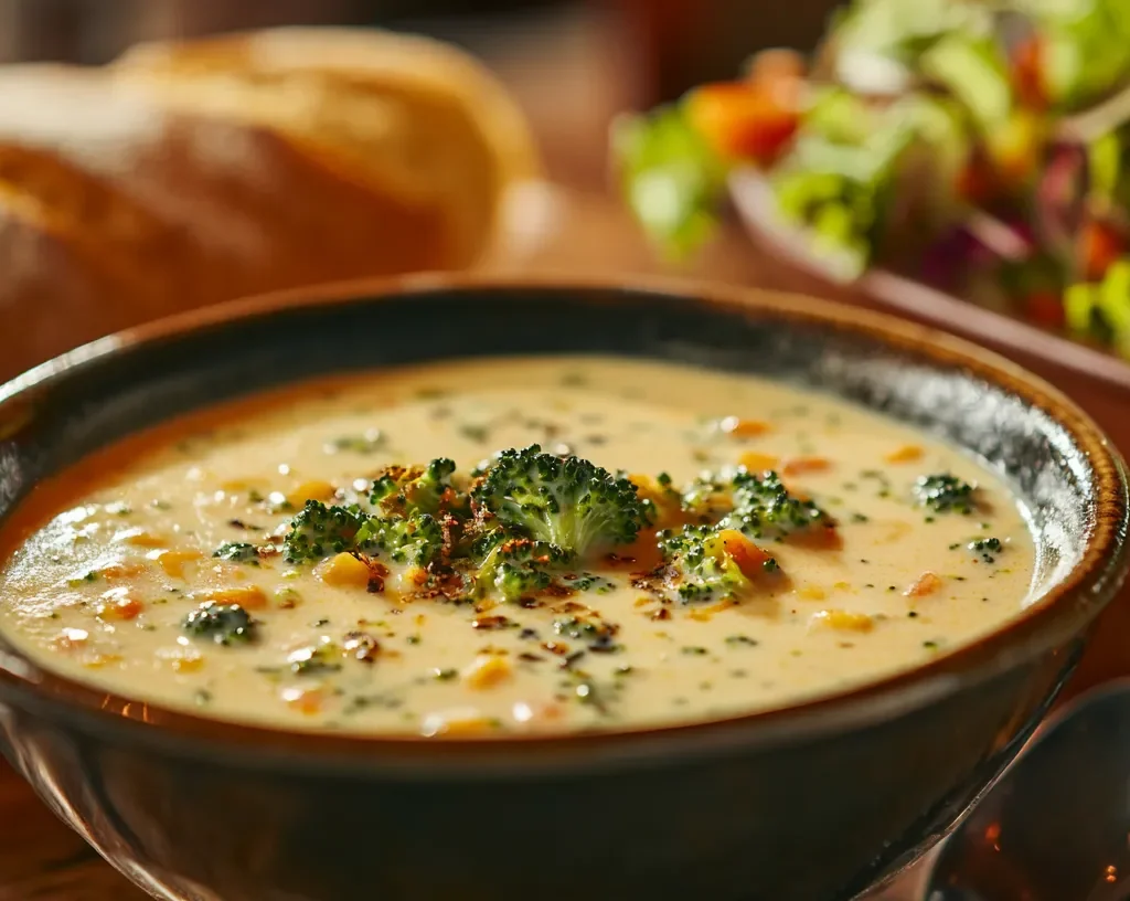 Cozy bowl of Panera Bread broccoli cheddar soup with a baguette.