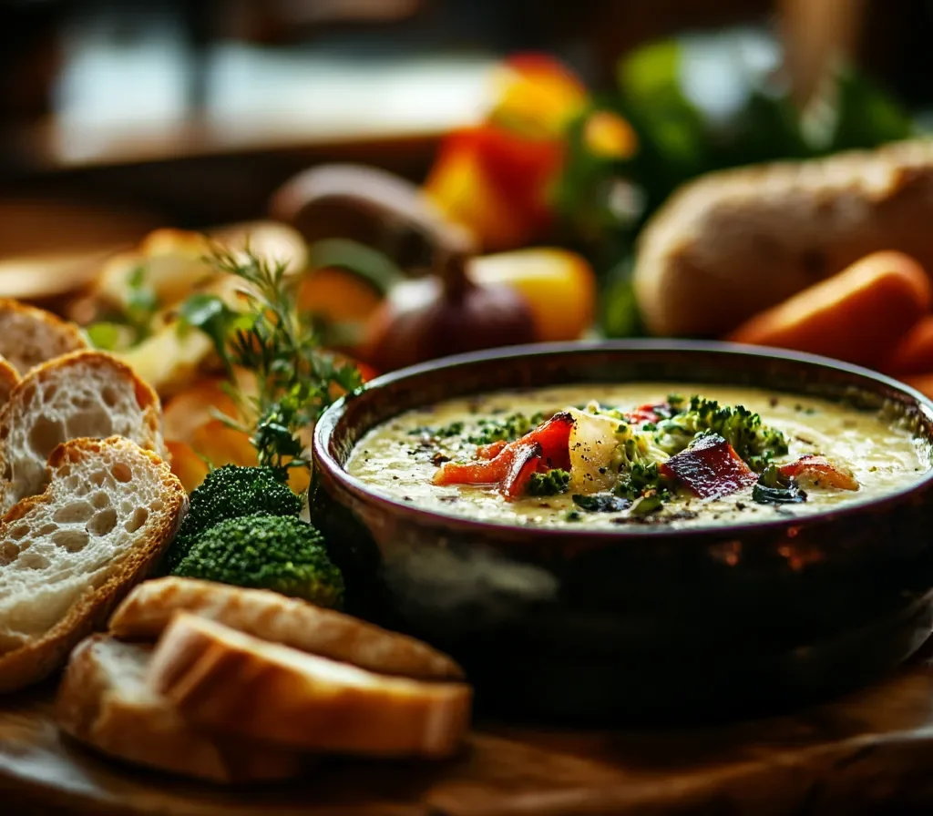 Steaming bowl of broccoli cheddar soup in a bread bowl at a cozy café.