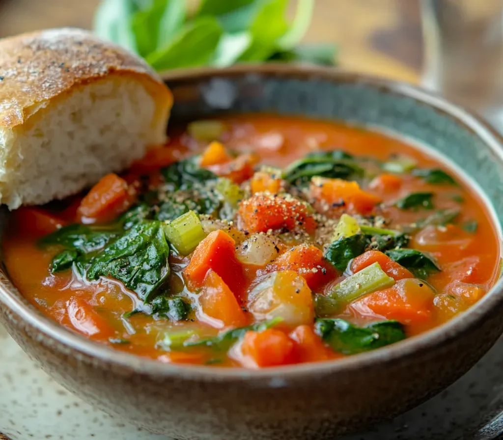 Vibrant bowl of vegetable soup with fresh bread and water on a wooden table.