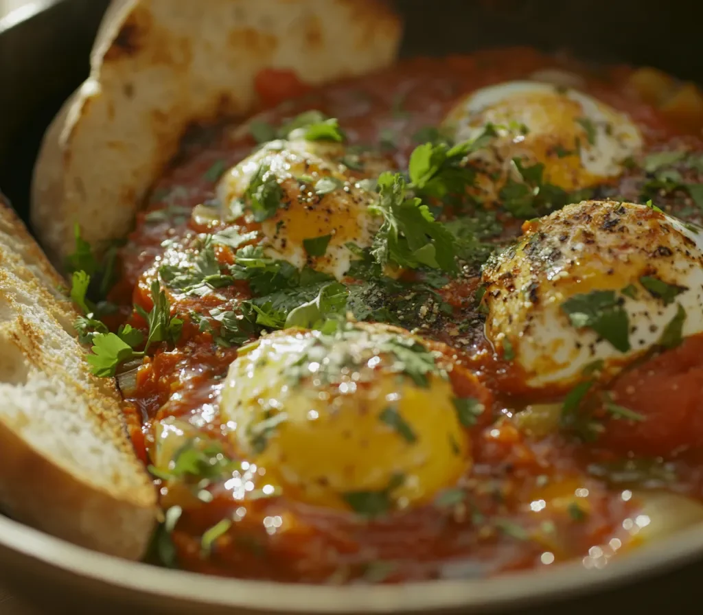 Moroccan Shakshuka served in a skillet with fresh herbs and bread.