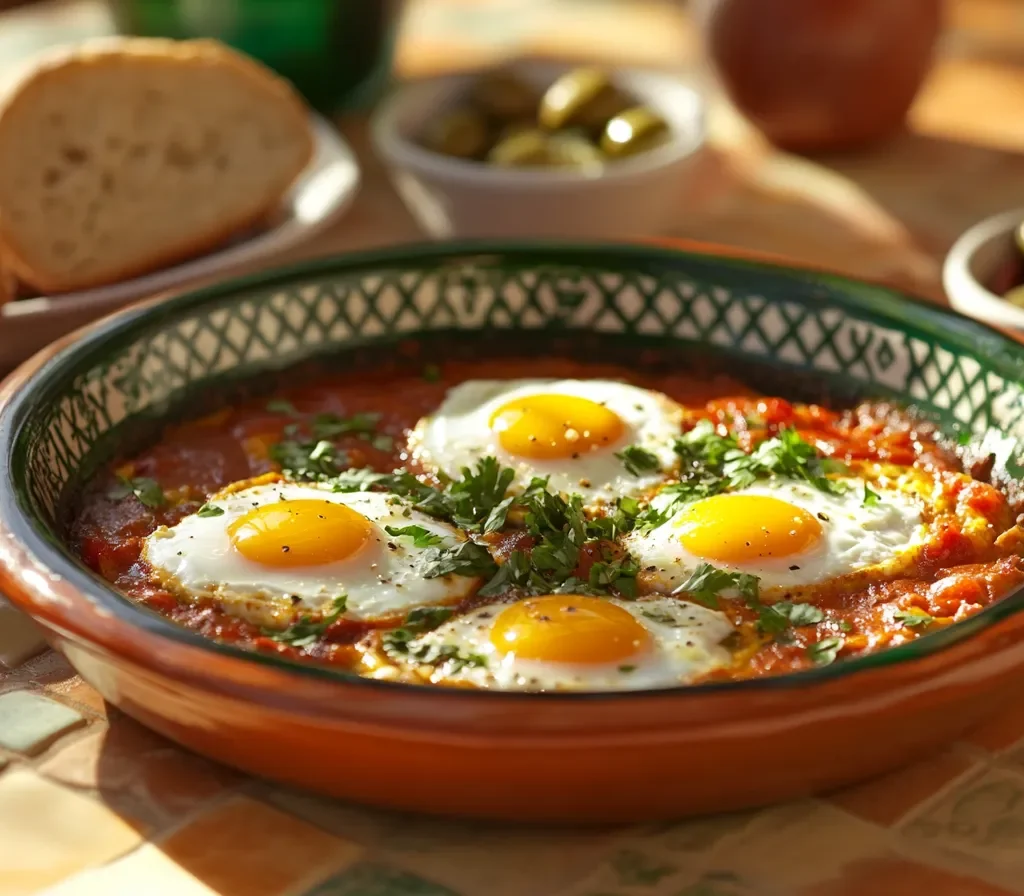 Moroccan shakshuka on a breakfast table with bread, olives, and mint tea.