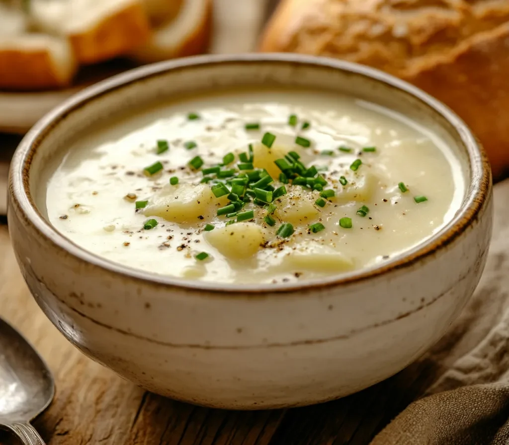 The Ultimate Guide to 4 Ingredient Potato Soup 2 A bowl of creamy 4 ingredient potato soup garnished with chives, served with bread on a wooden table.
