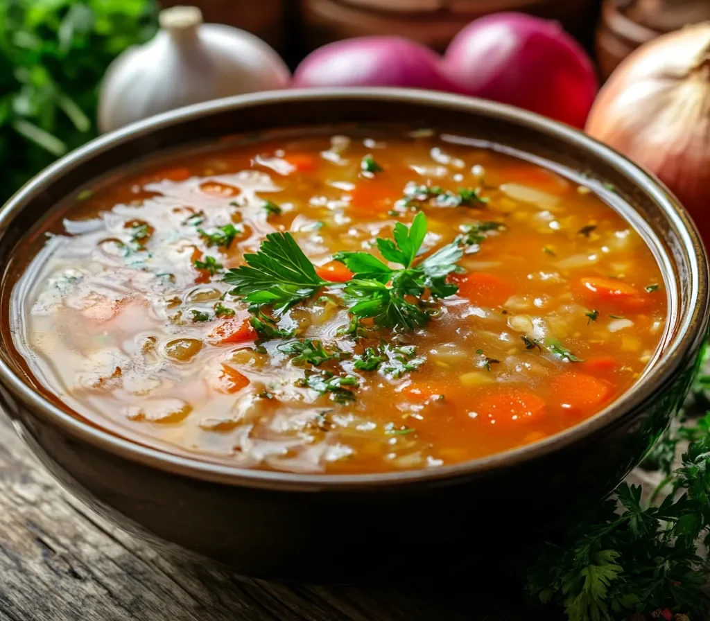 A variety of fresh ingredients like vegetables, meat, seafood, and legumes arranged on a wooden kitchen counter, ready to be added to soup.