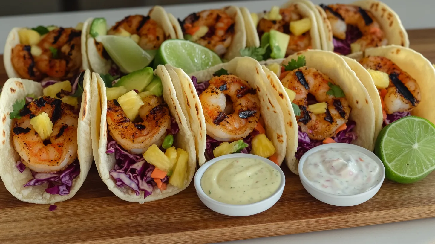 Shrimp tacos with pineapple salsa and avocado