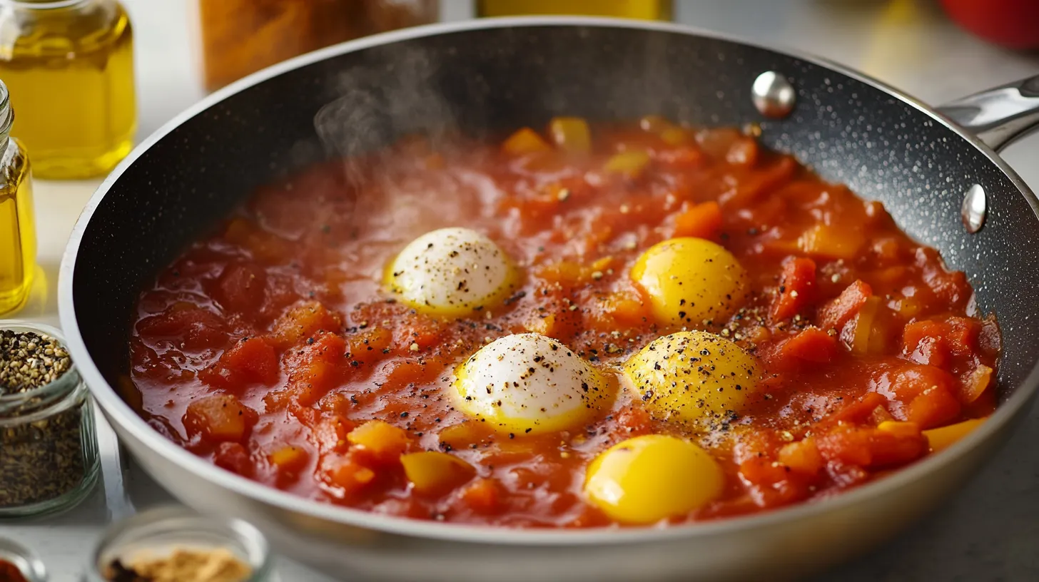 Breakfast table spread with Shakshuka, bread, and salad