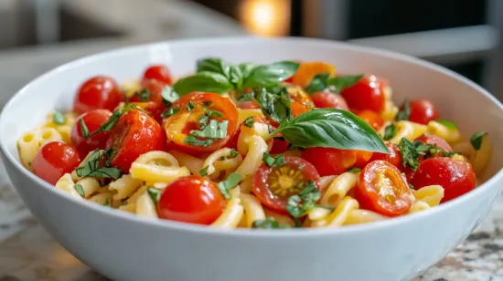 Ditalini pasta salad with cherry tomatoes and basil.