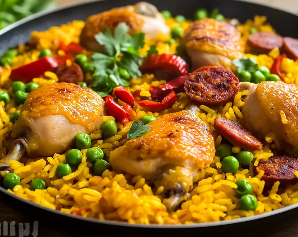 Spanish-style chicken and yellow rice with chorizo and red peppers.