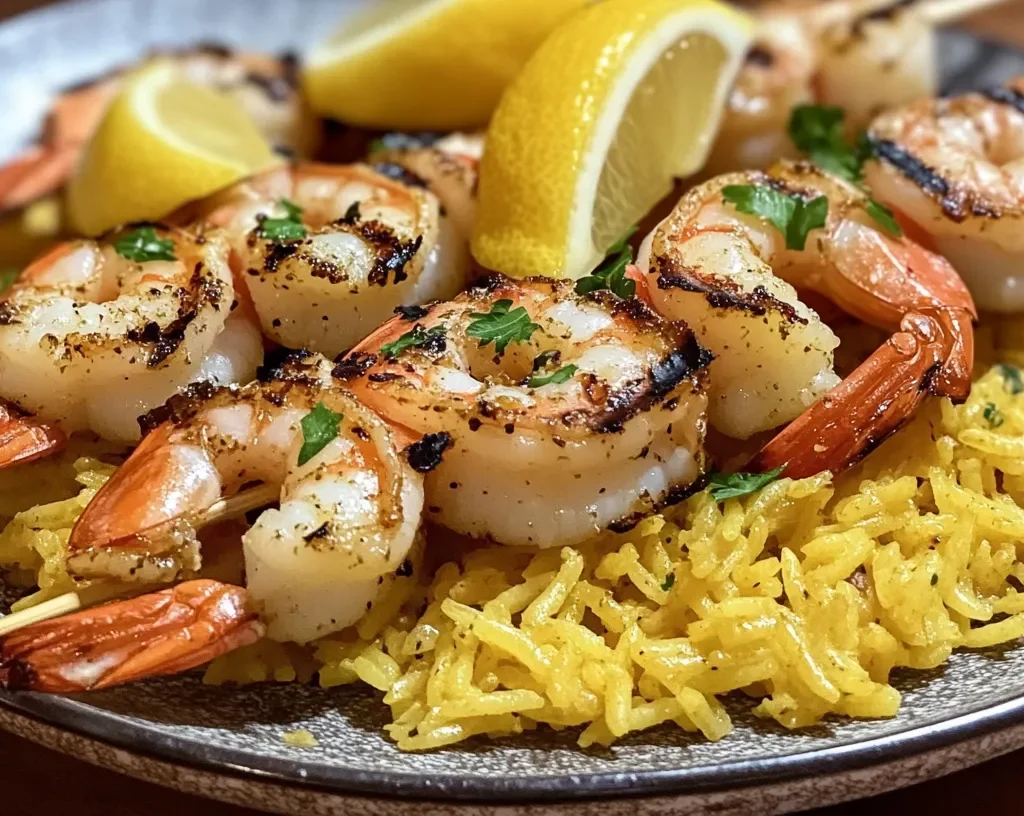 Grilled shrimp skewers on yellow rice with lemon wedges and parsley.