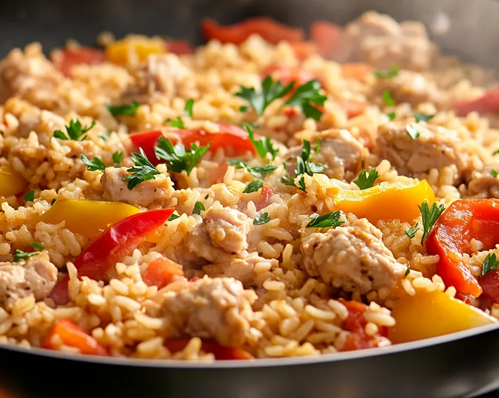 One-pan ground turkey and rice skillet with colorful vegetables.