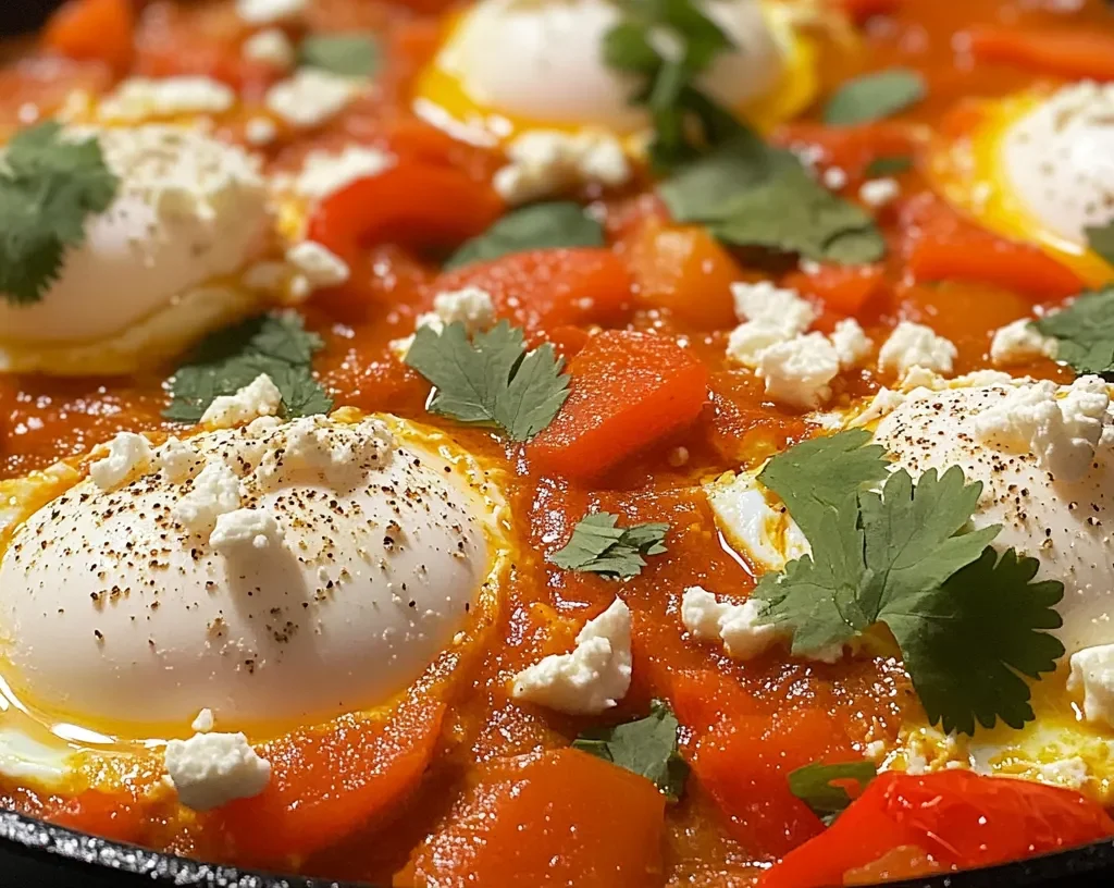 Shakshuka in a cast-iron skillet with feta and herbs.