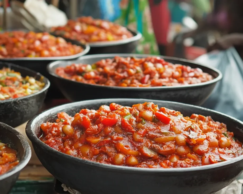 North African market scene showcasing shakshuka ingredients