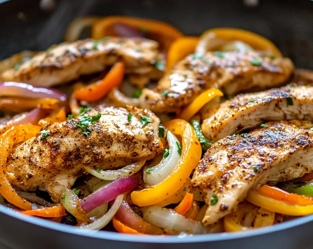 Sautéed chicken and vegetables for cheesesteak in a skillet.