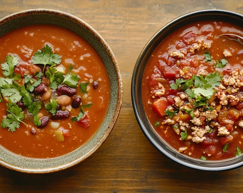 Panera creamy tomato soup and turkey chili side by side.