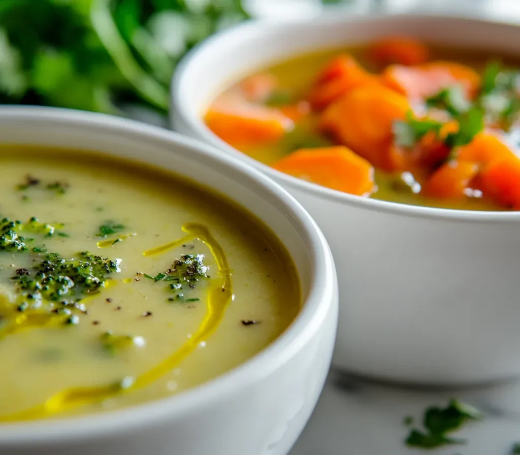 Creamy broccoli cheddar soup and vegetable broth soup comparison.