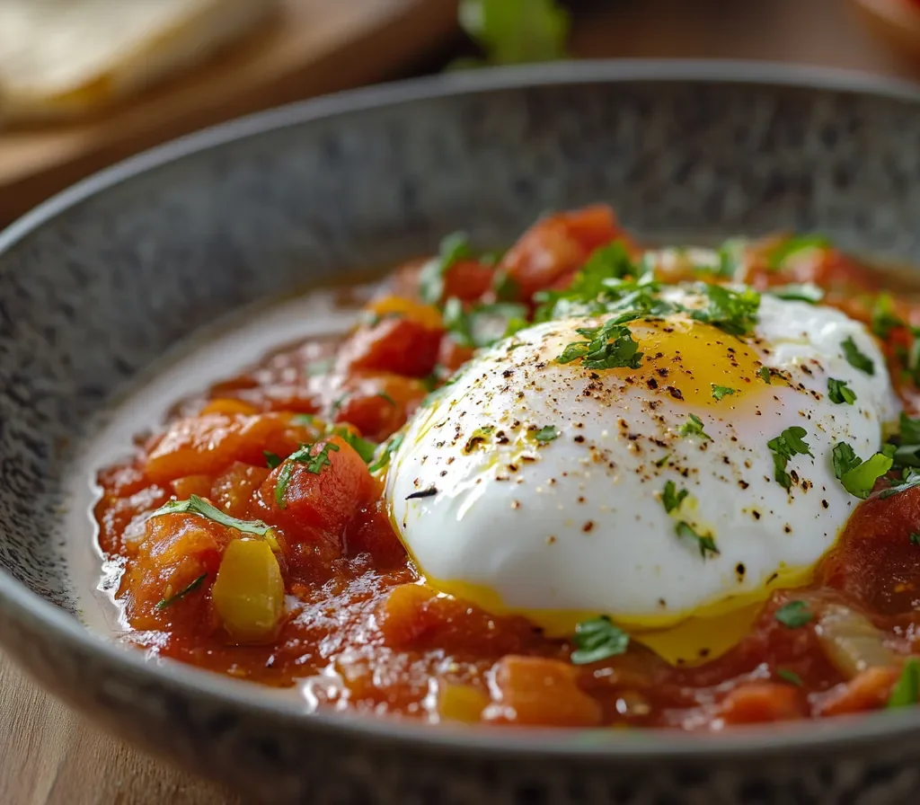 Poached egg in Moroccan-style spiced tomato sauce.