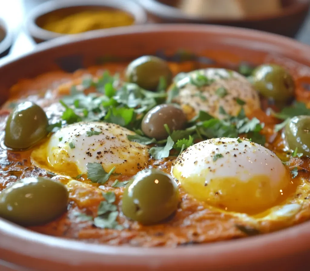 Moroccan shakshuka in a tajine with harissa, preserved lemons, and fresh herbs