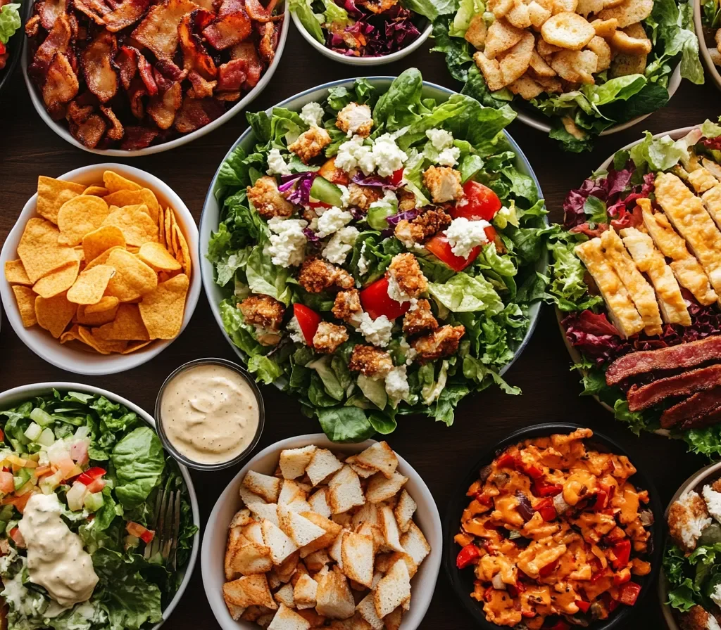 Different types of Burger King salads on a wooden table.