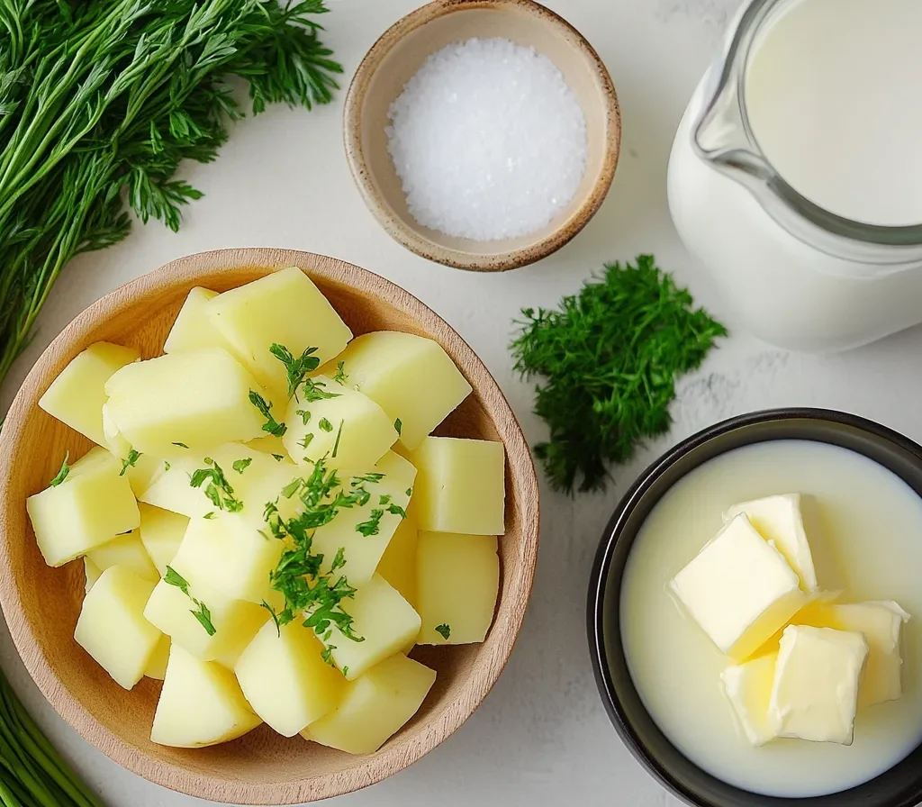 The Ultimate Guide to 4 Ingredient Potato Soup 3 Four main ingredients for 4 ingredient potato soup: potatoes, milk, butter, and salt, neatly arranged on a white surface.