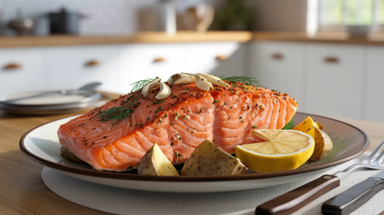 Baked Coho salmon with garlic, dill, and roasted potatoes.