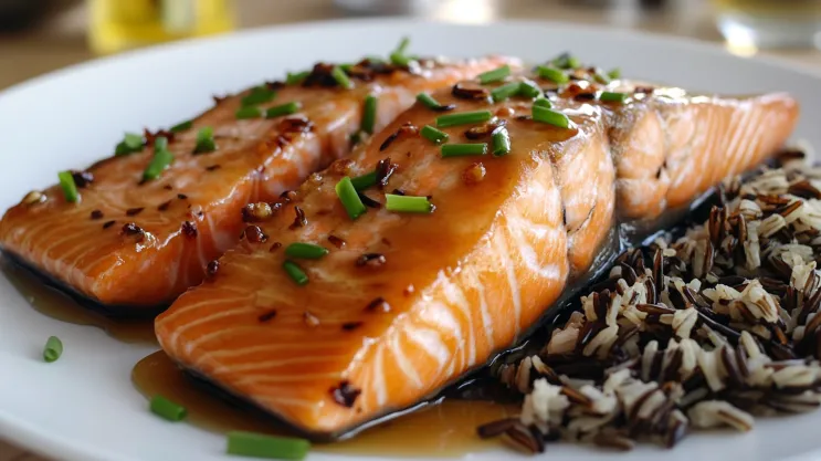 Honey Garlic King Salmon fillet with fresh chives and wild rice on the side.