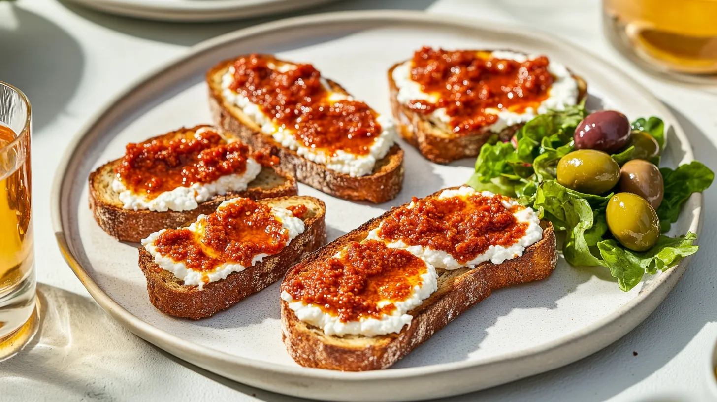 Nduja Ricotta Toast paired with rosé wine and green salad.